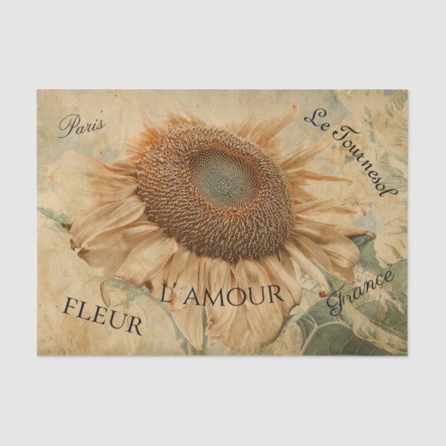 Giant Sunflowers Yellow Vintage Decoupage Script Tissue Paper (Front)