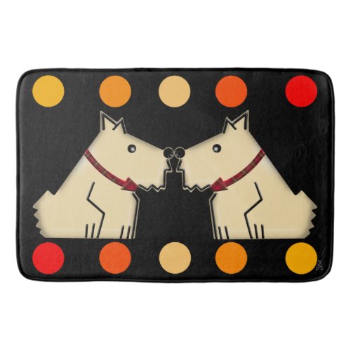 Giant Twin Doggies and Big Colorful Dots on Black Bathroom Mat