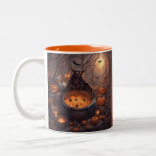 Giant Vampire Bat with a cauldron full of spiders Two-Tone Coffee Mug