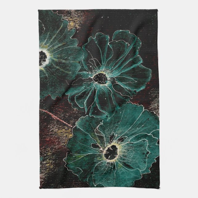 Giant Vintage Art Deco Flowers in Aqua Towel (Vertical)