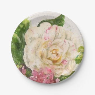 Giant White with Pink Rose Garden Paper Plate