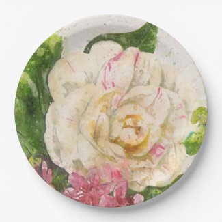 Giant White with Pink Rose Party Paper Plate