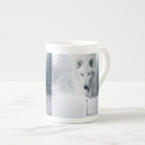 Giant white wolf bone china mug