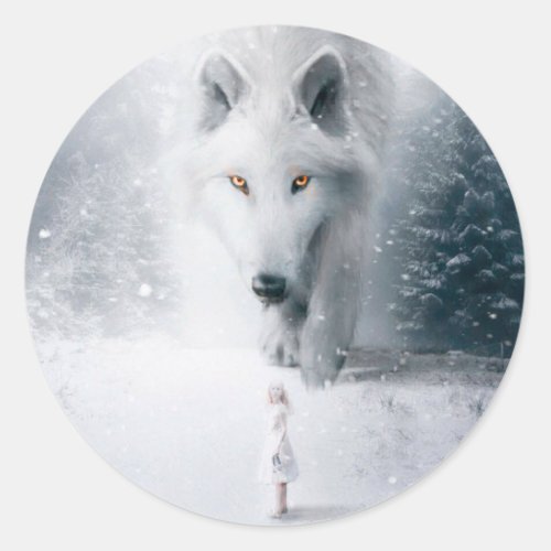Giant white wolf classic round sticker