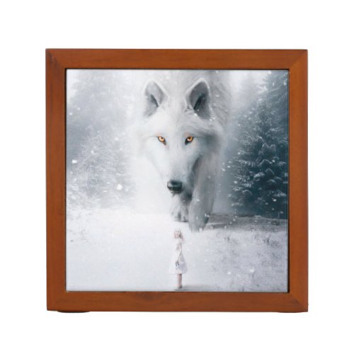 Giant white wolf desk organizer