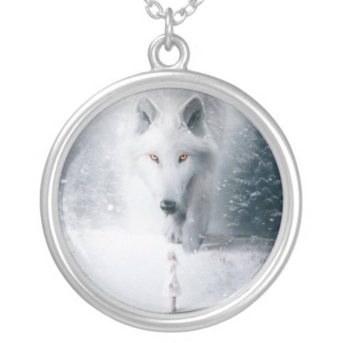 Giant white wolf silver plated necklace