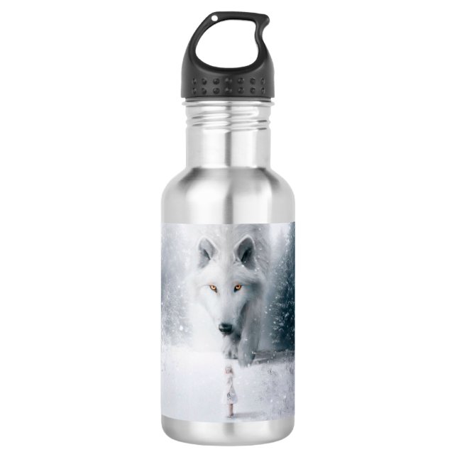 Giant white wolf stainless steel water bottle (Front)
