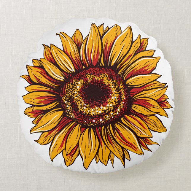 Giant Yellow and Red Sunflower Round Pillow (Front)