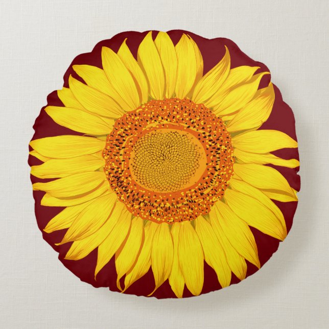 Giant Yellow Sunflower - Red Background Round Pillow (Front)