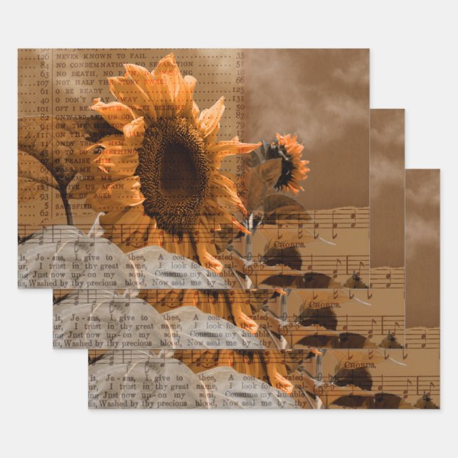 Giant Yellow Sunflowers Hymn Music Rustic Country Wrapping Paper Sheets (Set)