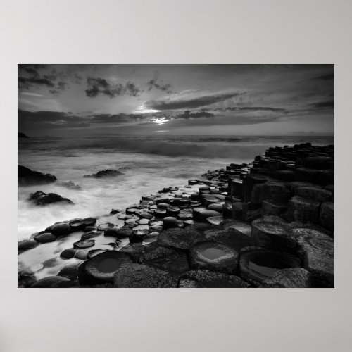 Giants Causeway Sunset Black and White Poster