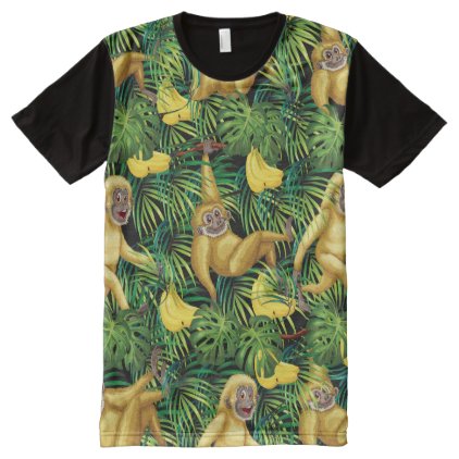 Gibbon Apes In Tropical Rainforest Banana Jungle All-Over-Print Shirt