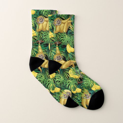 Gibbon Apes In Tropical Rainforest Banana Jungle Socks
