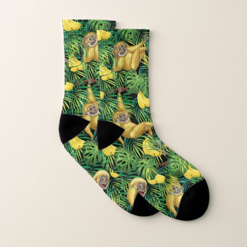 Gibbon Apes In Tropical Rainforest Banana Jungle Socks