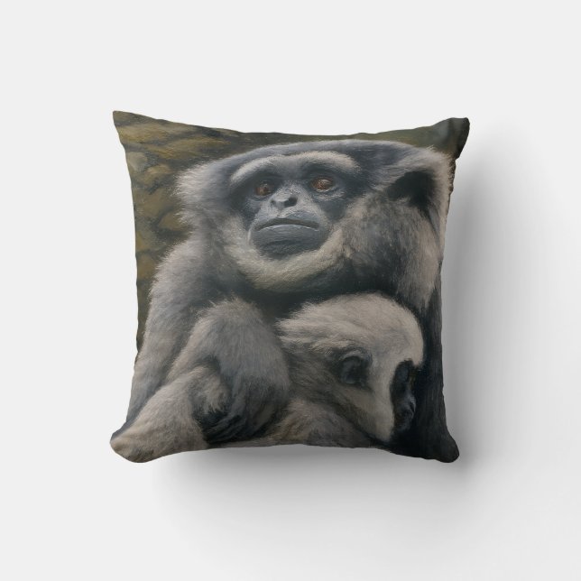 Gibbon Shelter – Emotional Wildlife Portrait Throw Pillow (Front)