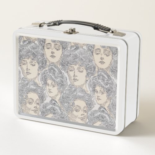 Gibson girl victorian pattern black white pink metal lunch box