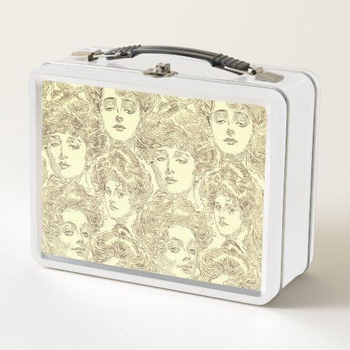 Gibson girl victorian pattern sepia gold brown  metal lunch box