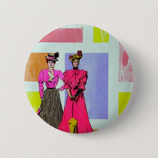 Gibson Girls in a Mondrian Pattern Pinback Button (Front)
