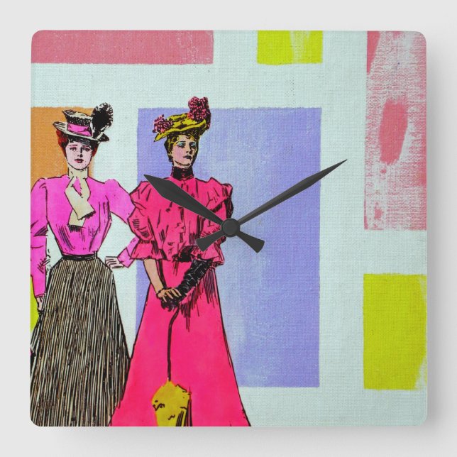 Gibson Girls in a Mondrian Pattern Square Wall Clock (Front)