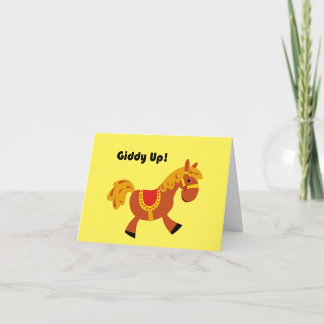 Giddy Up Brown Saddle Horse, Cute Kid’s Cartoon Card (Front)