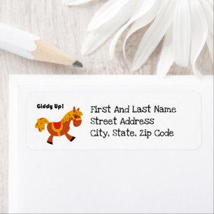 Giddy Up Brown Saddle Horse, Cute Kid’s Cartoon Label