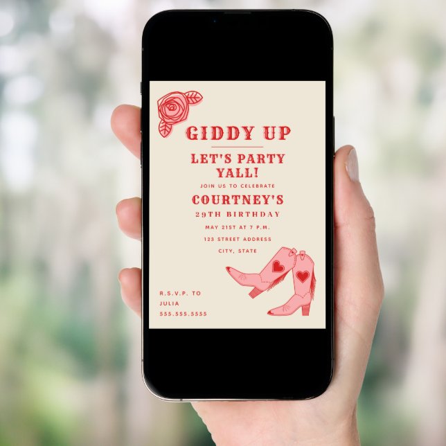 Giddy Up Let's Party Pink Cowgirl Birthday Invitation (Front Digital)
