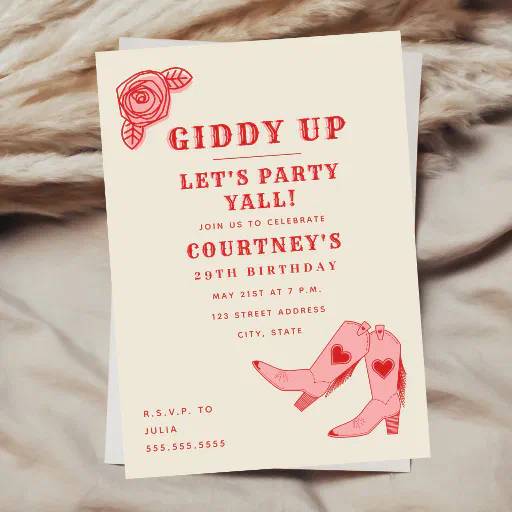 Giddy Up Let's Party Pink Cowgirl Birthday Invitation