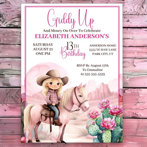 Giddy Up _ Pink Cowgirl 13th Birthday Invitation