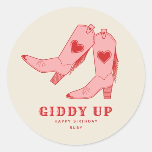 Giddy Up Pink Cowgirl Boots Birthday Classic Round Sticker
