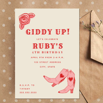 Giddy Up Pink Cowgirl Boots Rose Birthday Invitation by JillsPaperie at Zazzle