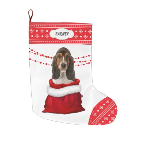 Gift Bag Basset Hound Puppy Snowflake Border Large Christmas Stocking