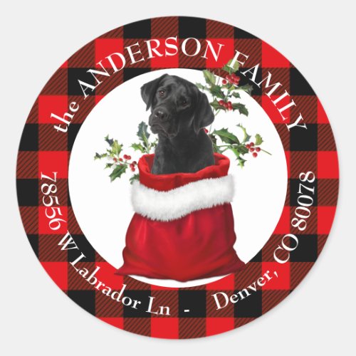 Gift Bag Black Lab Plaid Frame Return Address  Classic Round Sticker