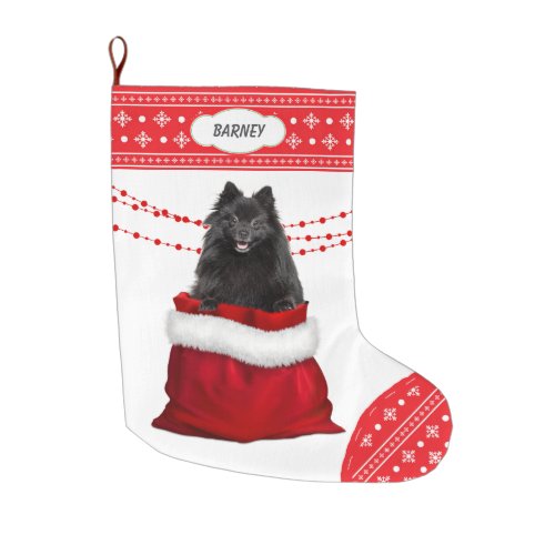 Gift Bag Black Pomeranian Dog Snowflake Border Large Christmas Stocking