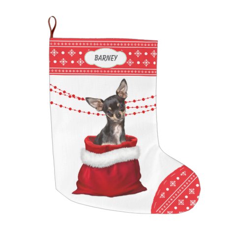 Gift Bag Black Tan Chihuahua Dog Snowflake Border Large Christmas Stocking
