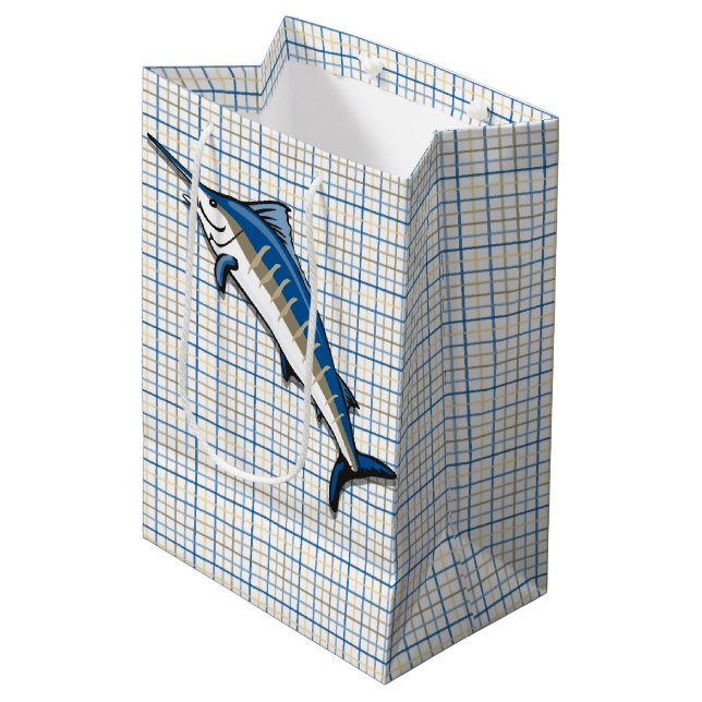 Gift Bag - Blue Marlin on Plaid (Front Angled)