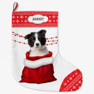 Gift Bag Border Collie Puppy Snowflake Border Large Christmas Stocking