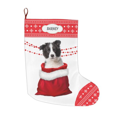 Gift Bag Border Collie Puppy Snowflake Border Large Christmas Stocking