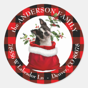 Gift Bag Boston Terrier Plaid Frame Return Address Classic Round Sticker