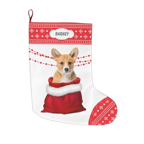 Gift Bag Corgi Puppy Dog Snowflake Border Large Christmas Stocking