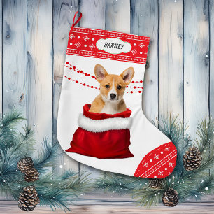 Gift Bag Corgi Puppy Dog Snowflake Border Large Christmas Stocking