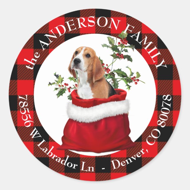 Gift Bag Cute Beagle Dog Plaid Frame Classic Round Sticker (Front)