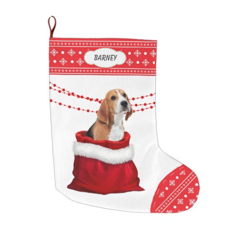 Gift Bag Cute Beagle Dog Snowflake Border Large Christmas Stocking