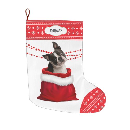 Gift Bag Cute Boston Terrier Dog Snowflake Border Large Christmas Stocking