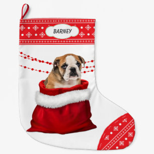 Gift Bag Cute Bulldog Puppy Snowflake Border Large Christmas Stocking