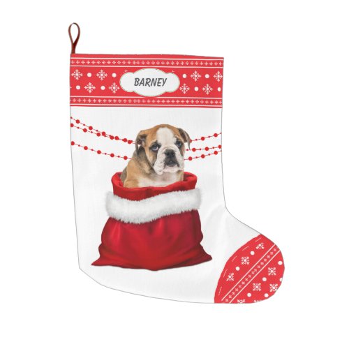 Gift Bag Cute Bulldog Puppy Snowflake Border Large Christmas Stocking