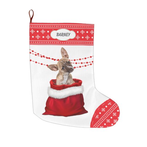 Gift Bag Cute Chihuahua Puppy Snowflake Border Large Christmas Stocking