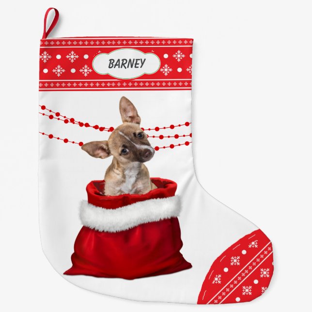 Gift Bag Cute Chihuahua Puppy Snowflake Border Large Christmas Stocking (Front)