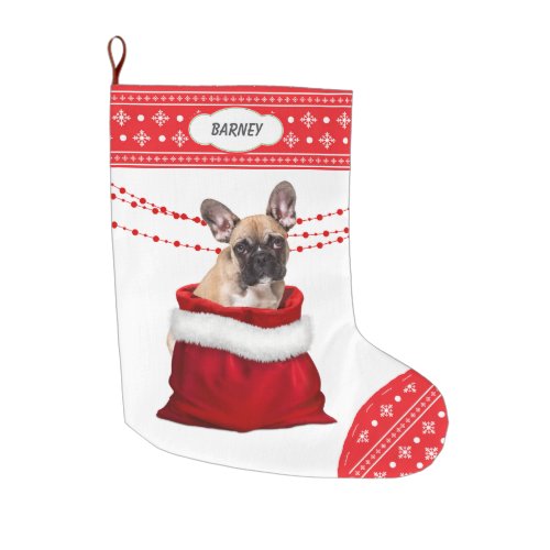 Gift Bag Cute French Bulldog Snowflake Border  Large Christmas Stocking