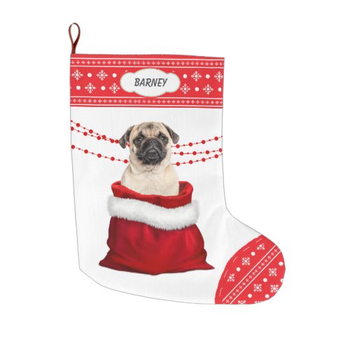 Gift Bag Cute Pug Dog Snowflake Border Large Christmas Stocking