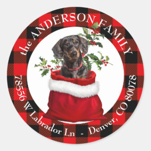 Gift Bag Dachshund Plaid Frame Return Address Classic Round Sticker